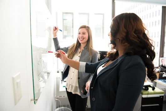 Two female office employees using whiteboard